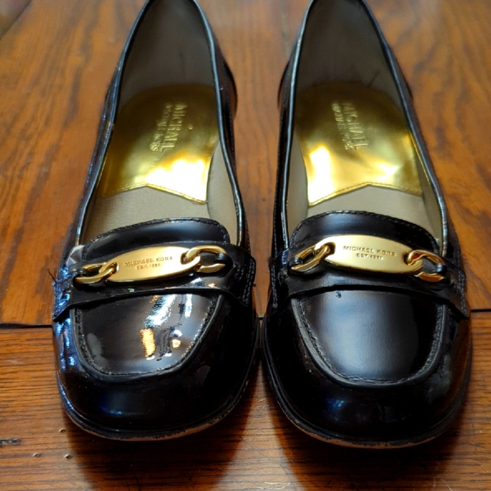 Michael Kors Black Leather Flats with Gold Accent